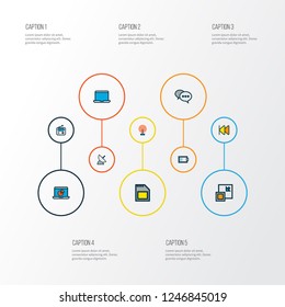 Multimedia icons colored line set with comment, broadcast, sd card and other cast elements. Isolated vector illustration multimedia icons.