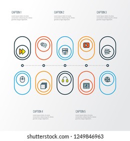 Multimedia icons colored line set with satellite, comment, computer mouse and other filmstrip elements. Isolated vector illustration multimedia icons.