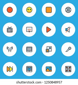 Multimedia icons colored line set with stop, learning, record and other headphone elements. Isolated vector illustration multimedia icons.