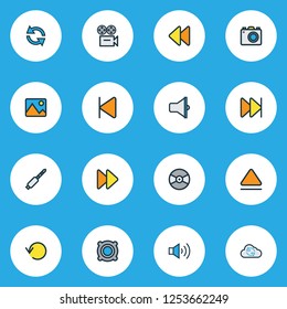 Multimedia icons colored line set with rewind, synchronize, camera and other forward elements. Isolated vector illustration multimedia icons.