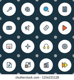 Multimedia icons colored line set with sound off, enlarge, controller and other cinema clap elements. Isolated vector illustration multimedia icons.