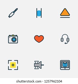 Multimedia icons colored line set with favorite, earphone, learning and other communication antenna elements. Isolated vector illustration multimedia icons.