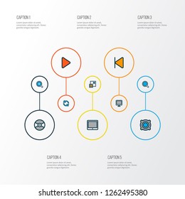 Multimedia icons colored line set with sync, display, speaker and other zoom in elements. Isolated vector illustration multimedia icons.