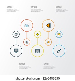 Multimedia icons colored line set with clapperboard, synchronize, start and other cloud elements. Isolated vector illustration multimedia icons.