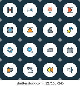 Multimedia icons colored line set with loudspeaker, film, top and other movie elements. Isolated vector illustration multimedia icons.