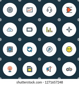 Multimedia icons colored line set with sync, audio mixer, joystick and other memory elements. Isolated vector illustration multimedia icons.