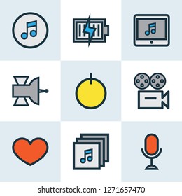 Multimedia icons colored line set with favorite, camera, albums and other video elements. Isolated vector illustration multimedia icons.