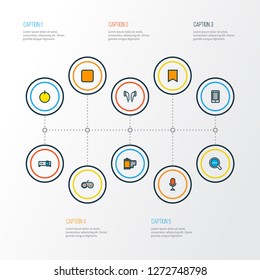 Multimedia icons colored line set with bookmark, microphone, stop and other pause elements. Isolated vector illustration multimedia icons.