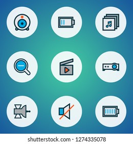 Multimedia icons colored line set with satellite, clapperboard, low battery and other charge elements. Isolated vector illustration multimedia icons.