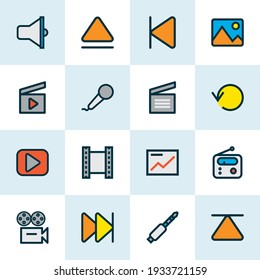 Multimedia icons colored line set with movie clap, image, replay and other forward elements. Isolated vector illustration multimedia icons.