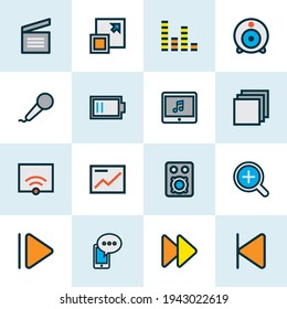 Farbige Multimedia-Icons mit Webcam, Aufwärtsgang, niedriger Akku und anderen Mikrofonelementen. Isolierte Vektorgrafik-Multimedia-Symbole.