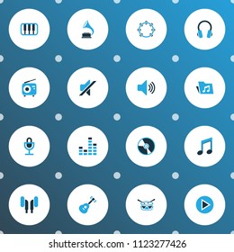 Multimedia icons colored set with barrel, earmuff, cd and other tambourine elements. Isolated vector illustration multimedia icons.