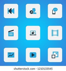 Multimedia icons colored set with begin, movie clap, artist and other maximize elements. Isolated vector illustration multimedia icons.