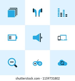 Multimedia icons colored set with categories, zoom out, gadget and other gamepad elements. Isolated vector illustration multimedia icons.