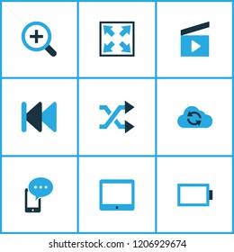 Multimedia icons colored set with cellphone, synchronize, shuffle and other cinema clap elements. Isolated vector illustration multimedia icons.