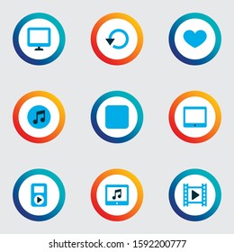 Multimedia icons colored set with display, application, stop and other multimedia elements. Isolated vector illustration multimedia icons.