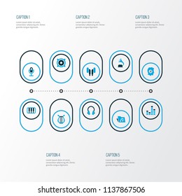 Multimedia icons colored set with earmuff, octave, equalizer and other piano elements. Isolated vector illustration multimedia icons.