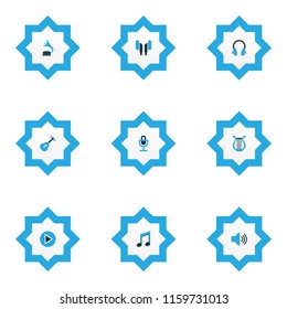 Multimedia icons colored set with earphone, sound, mike and other  volume elements. Isolated vector illustration multimedia icons.