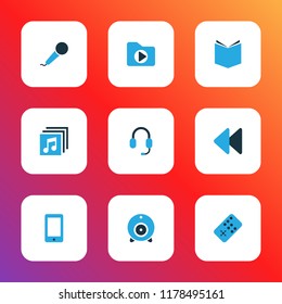 Multimedia icons colored set with earphone, karaoke, remote and other microphone elements. Isolated vector illustration multimedia icons.