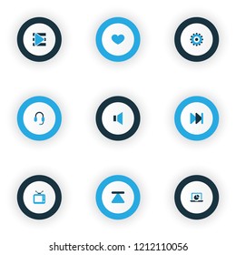Multimedia icons colored set with earphone, mute, monitor and other headset elements. Isolated vector illustration multimedia icons.