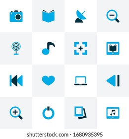 Iconos multimedia coloreados con el aparato fotográfico favorito, anterior, y otros elementos de cámara. Iconos multimedia de ilustraciones vectoriales aisladas.
