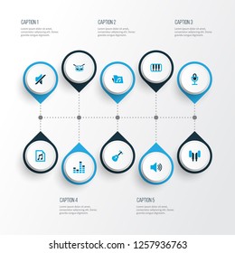 Multimedia icons colored set with file, instrument, earphone and other playlist elements. Isolated vector illustration multimedia icons.
