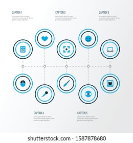 Multimedia icons colored set with full screen, amplifier, karaoke and other heart elements. Isolated vector illustration multimedia icons.