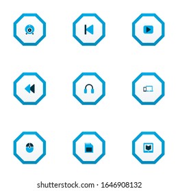 Multimedia icons colored set with learning, rewind, backward and other control device elements. Isolated vector illustration multimedia icons.