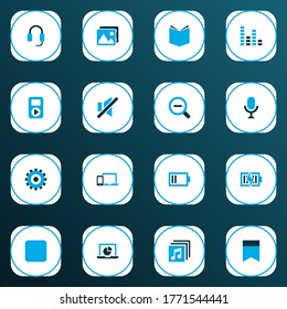 Iconos multimedia coloreados con batería baja, imagen, zoom y otros elementos de dispositivos. Iconos multimedia de ilustraciones vectoriales aisladas.