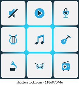 Multimedia icons colored set with lyre, barrel, silence and other guitar elements. Isolated vector illustration multimedia icons.