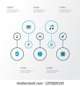 Multimedia icons colored set with phonograph, sound, octave and other microphone elements. Isolated vector illustration multimedia icons.