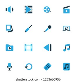 Multimedia icons colored set with replay, slow backward, clapperboard and other audio elements. Isolated vector illustration multimedia icons.