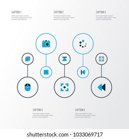 Multimedia icons colored set with rewind, widen, computer mouse and other backward elements. Isolated vector illustration multimedia icons.