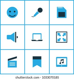 Multimedia icons colored set with sd card, karaoke, widen and other clapperboard elements. Isolated vector illustration multimedia icons.