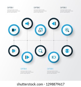 Multimedia icons colored set with search, vinyl, slow backward and other magnifier elements. Isolated vector illustration multimedia icons.