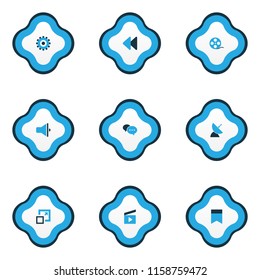 Multimedia icons colored set with setting, film reel, communication antenna and other flag elements. Isolated vector illustration multimedia icons.