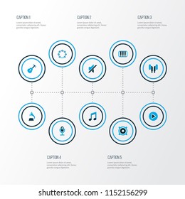 Multimedia icons colored set with silence, phonograph, music and other guitar elements. Isolated vector illustration multimedia icons.