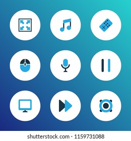Multimedia icons colored set with speaker, pause, music and other screen elements. Isolated vector illustration multimedia icons.