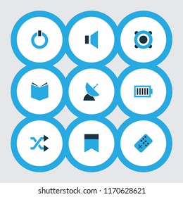 Multimedia icons colored set with start, charge, communication antenna and other learning elements. Isolated vector illustration multimedia icons.