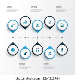 Multimedia icons colored set with start, equalizer, earmuff and other guitar elements. Isolated vector illustration multimedia icons.