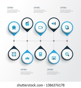 Multimedia icons colored set with web cam, zoom out, audio and other signal elements. Isolated vector illustration multimedia icons.