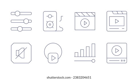 Multimedia icons. Editable stroke. Containing video, video player, settings, mute, volume, instagram live, speaker.