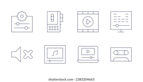 Multimedia icons. Editable stroke. Containing tape recorder, music video, settings, mute, interface, play video, music controller, cassette.
