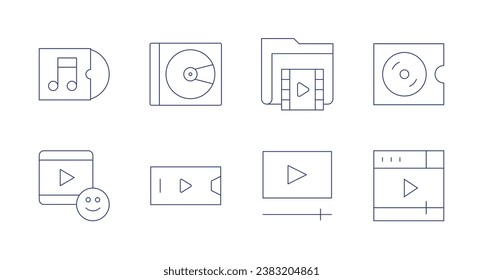 Multimedia icons. Editable stroke. Containing cd, video, vinyl, video folder, video player, compact disc.