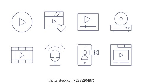 Multimedia icons. Editable stroke. Containing favourite, podcast, play, documentary, video player, video console, video, video call.