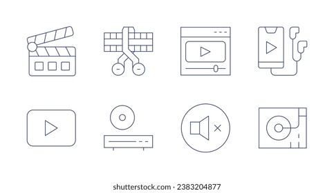 Multimedia icons. Editable stroke. Containing editing, dvd player, clapperboard, video player, mute, music, vinyl player.