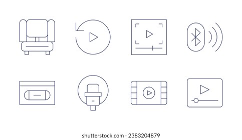 Multimedia icons. Editable stroke. Containing replay, microphone, home theater, vhs, video, video player, bluetooth.