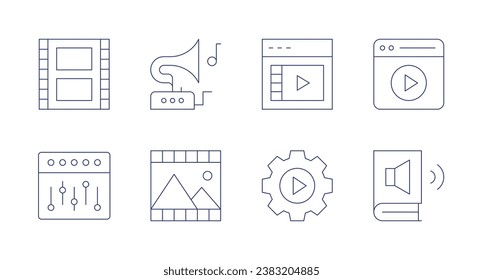 Multimedia icons. Editable stroke. Containing gramophone, film, movie, mixer, video, settings, play, audio book.