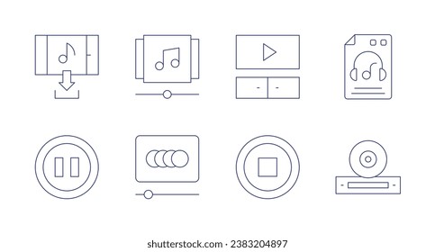 Multimedia icons. Editable stroke. Containing playlist, animate, download, pause, video, stop, poster, dvd player.