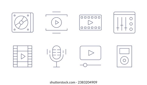 Multimedia icons. Editable stroke. Containing play, audio, cd, video file, video player, mixer, music player.